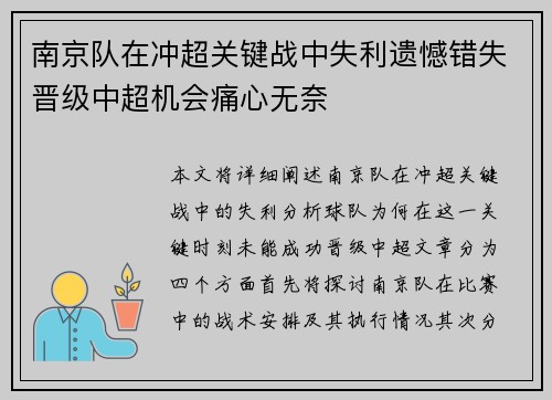 南京队在冲超关键战中失利遗憾错失晋级中超机会痛心无奈