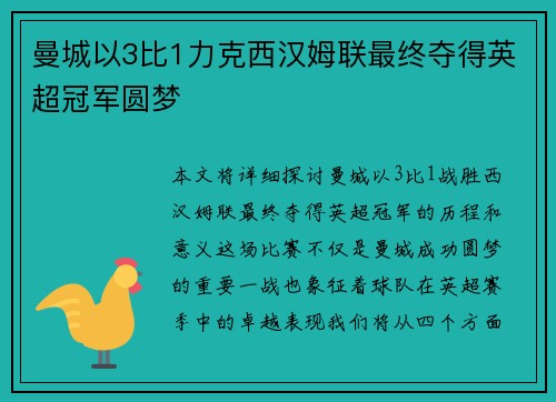 曼城以3比1力克西汉姆联最终夺得英超冠军圆梦